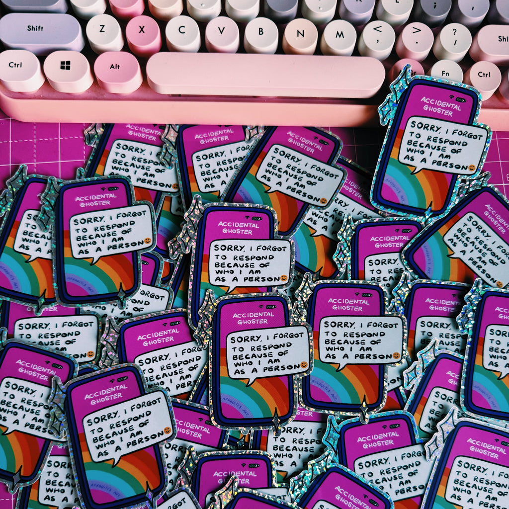 “Accidental Ghoster” glitter sticker - Afroditi's Art