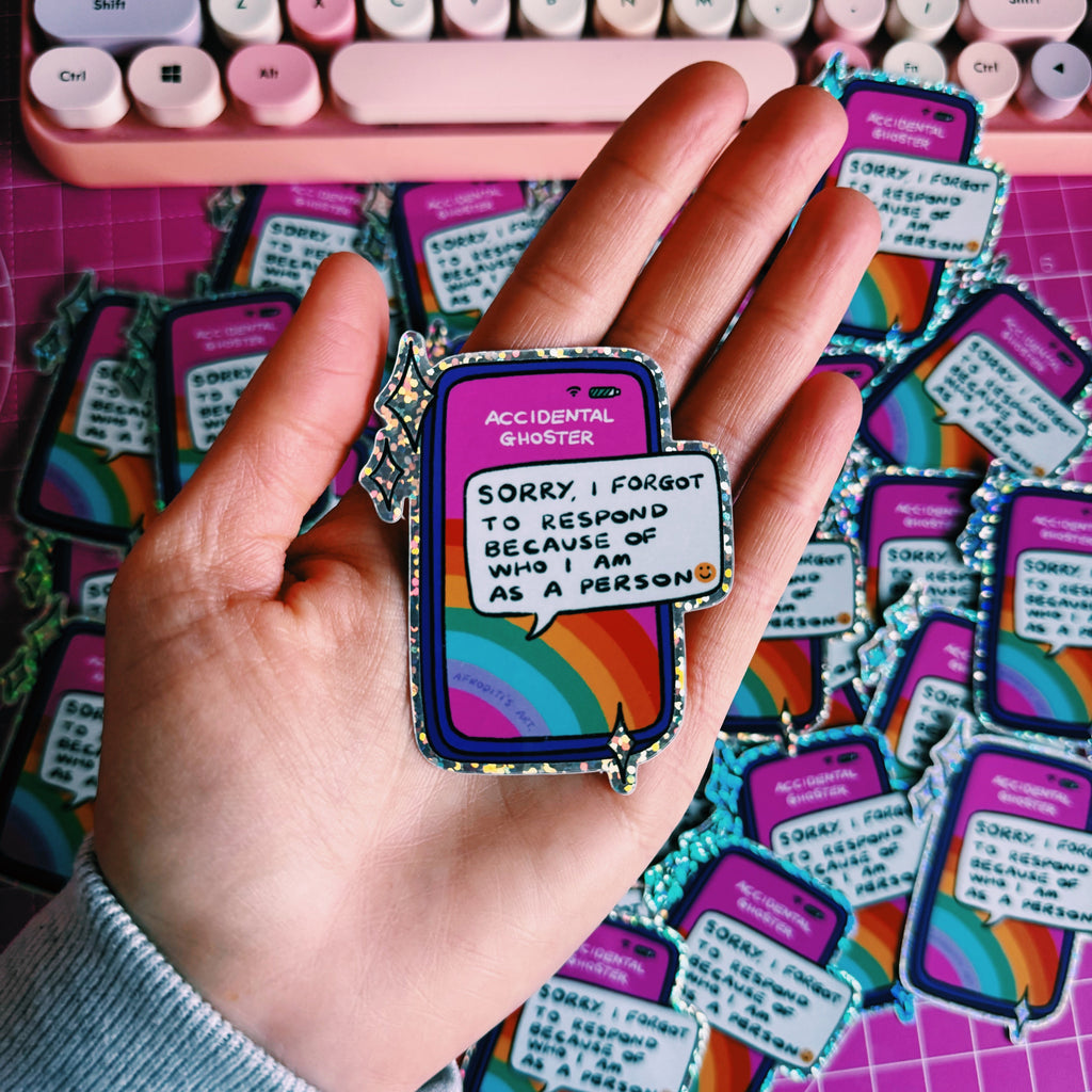 “Accidental Ghoster” glitter sticker - Afroditi's Art