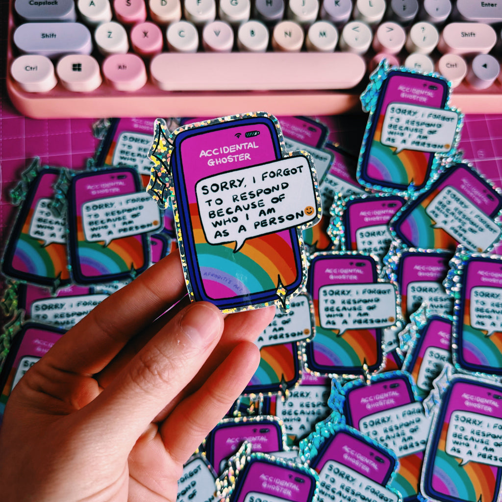 “Accidental Ghoster” glitter sticker - Afroditi's Art